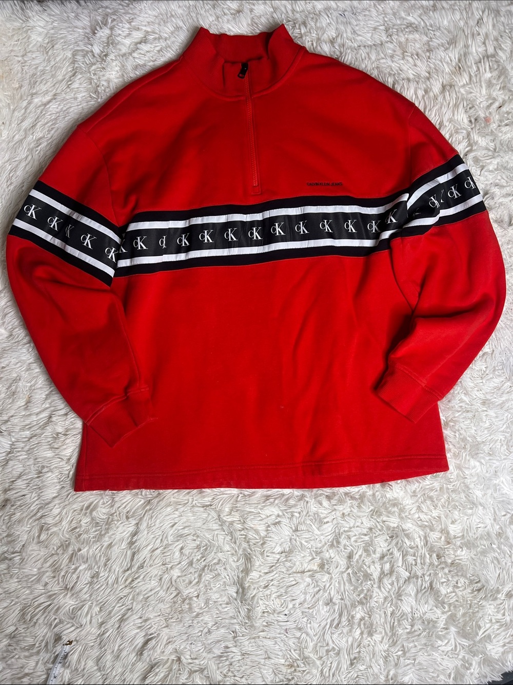 XXL Calvin Klein Red Zip-Front Sweater with Black & White Logo Stripe